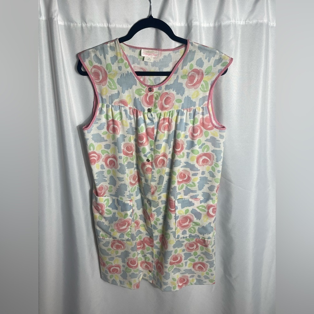 Vintage Carriage Court Floral Sleeveless House Dress Apron Pockets Medium
